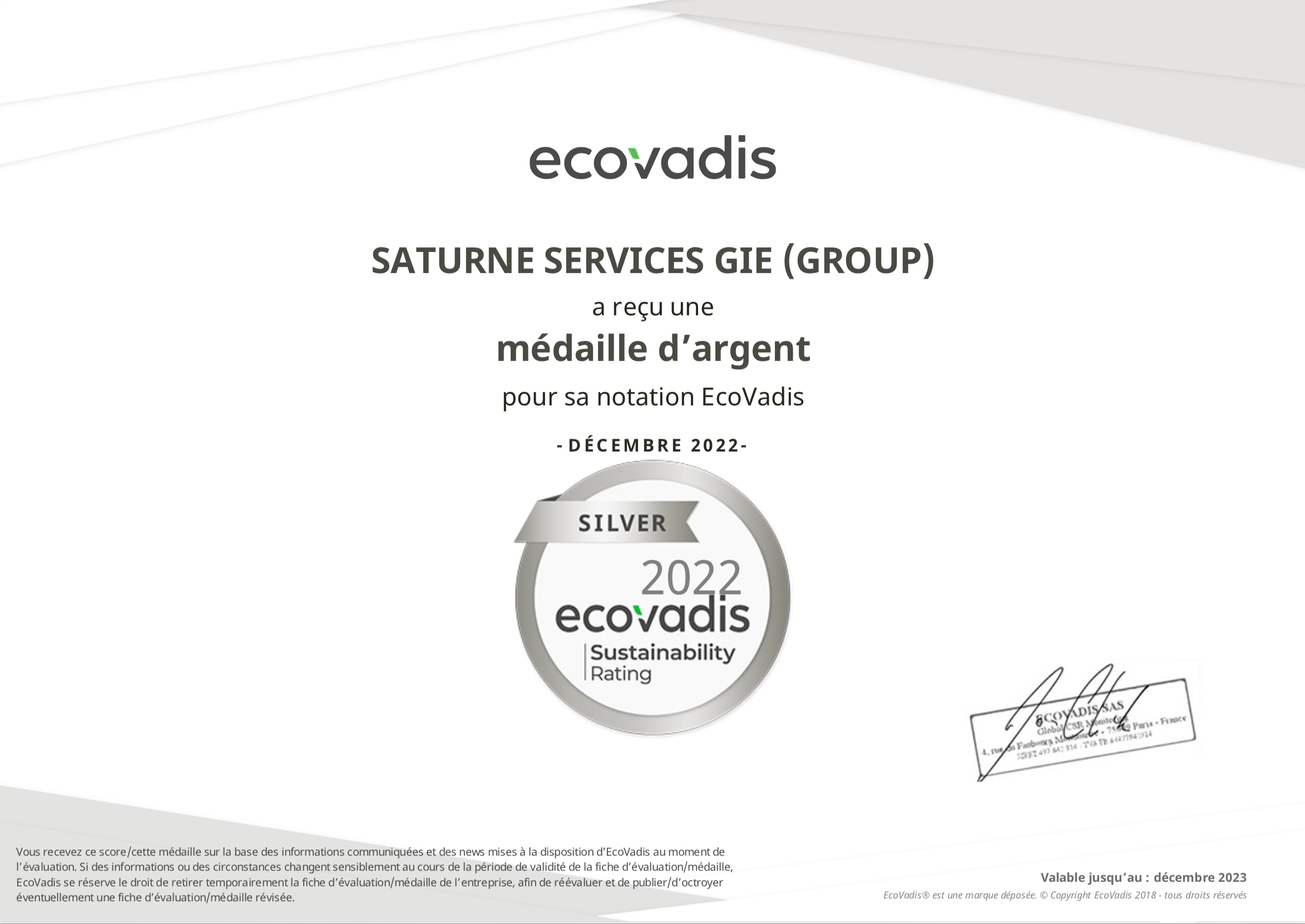 Le Groupe Saturne - Nettoyage professionnel - Entreprise de nettoyage - Certificat de l'évaluation EcoVadis - médaille d'argent 2022