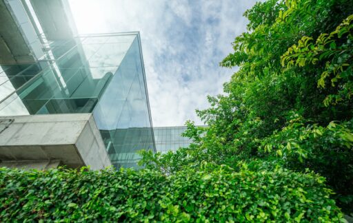 Photo d'un immeuble de bureau près d'un bosquet d'arbre vert, pour la politique environnemental du groupe SATURNE